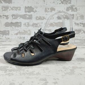 New Bella Vita Black Leather Zamira Lace Up Wedge Sandal - Narrow M644